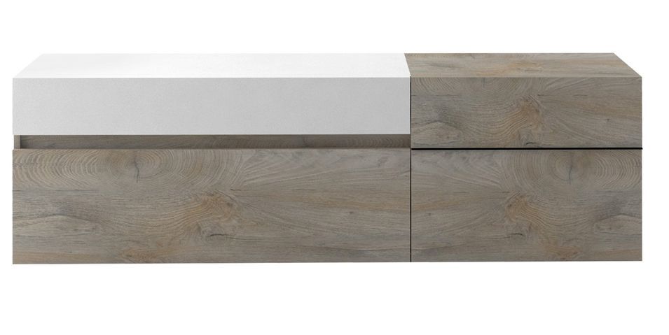 Meuble TV 2 portes 1 tiroir laqué blanc mat et bois chêne clair Baite - Photo n°1