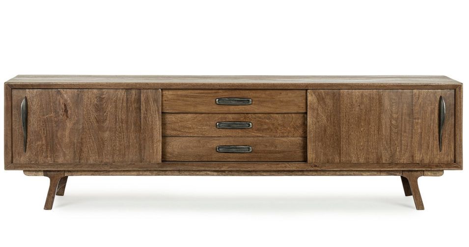 Meuble TV 2 portes coulissantes 3 tiroirs KAMY 200 cm - Bois de manguier marron - Photo n°1