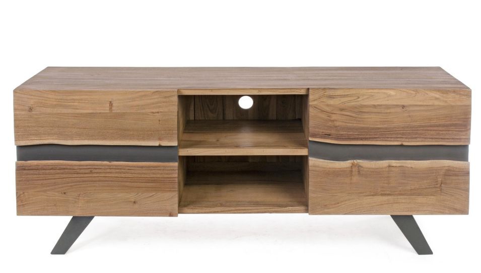 Meuble TV 2 portes DENIA - Bois massif d'acacia & pieds acier gris - Photo n°1