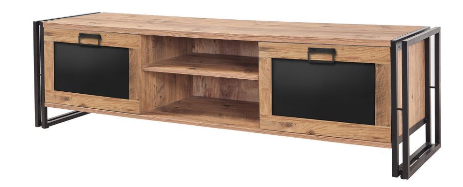 Meuble TV 2 portes et 2 niches bois naturel et acier noir Lika 180 cm - Photo n°1