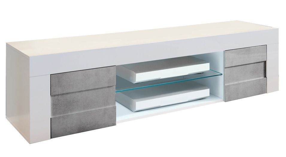 Meuble TV 2 portes laqué blanc brillant et béton Lubi L 181 cm - Photo n°1