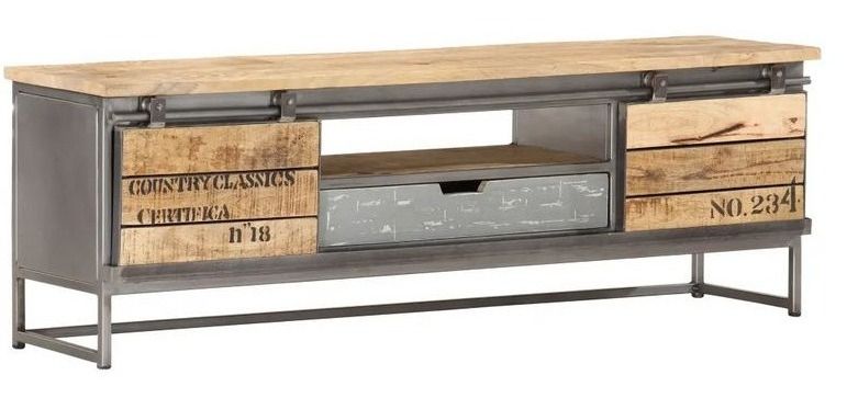 Meuble TV 2 portes manguier clair et métal gris Behav 120 cm - Photo n°1