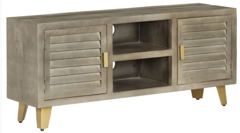 Meuble TV 2 portes manguier foncé et pieds métal doré Heintz - Photo n°1