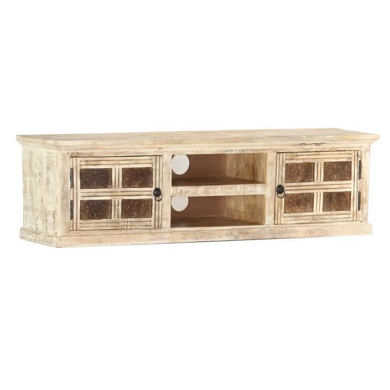 Meuble TV 2 portes manguier massif blanc Bionk 130 cm - Photo n°1