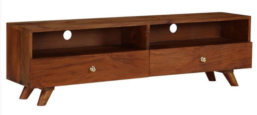 Meuble TV 2 tiroirs 2 niches bois massif recyclé foncé Ache - Photo n°1