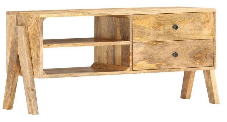 Meuble Tv 2 tiroirs 2 niches manguier massif clair Muria 97 cm - Photo n°1
