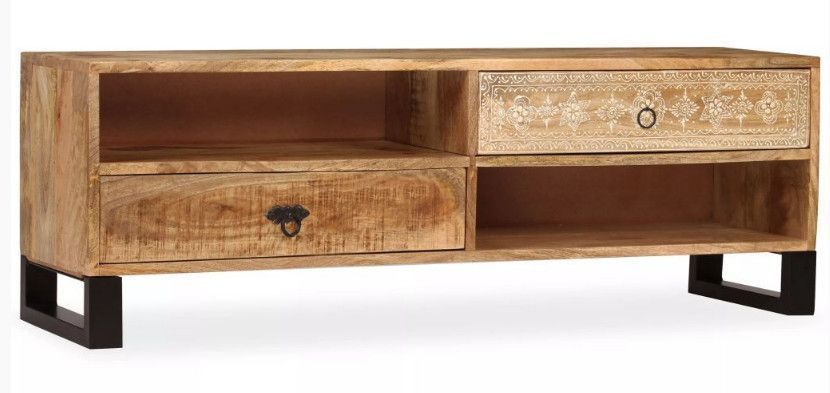 Meuble TV 2 tiroirs 2 niches manguier massif clair et métal noir Maneci - Photo n°1