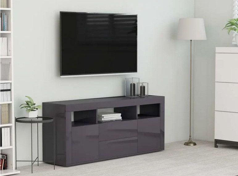 Meuble TV 2 tiroirs 2 portes bois gris brillant Icina - Photo n°1