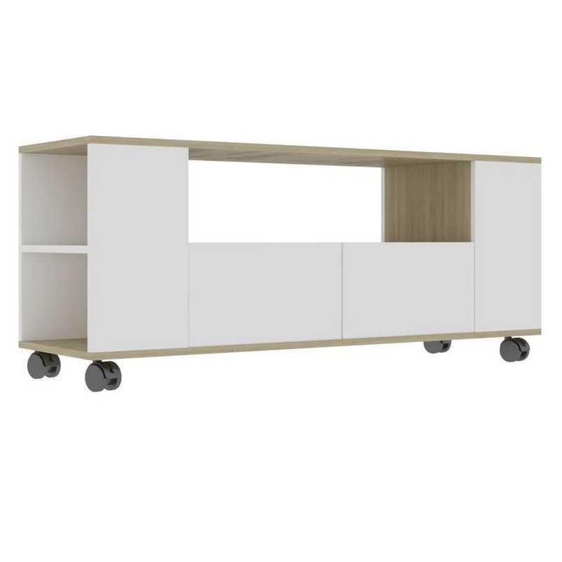 Meuble TV 2 tiroirs bois blanc et chêne clair Tacar 120 cm - Photo n°1