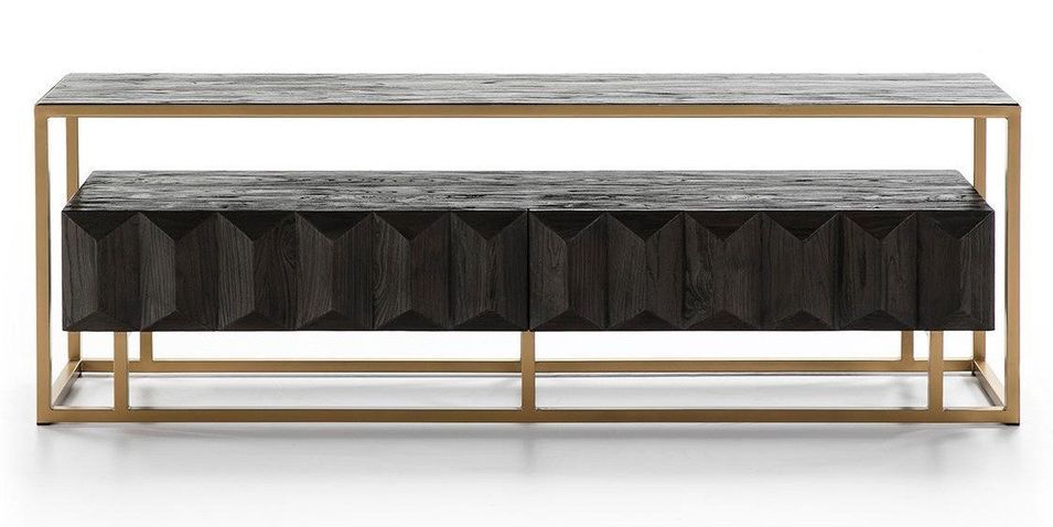 Meuble TV 2 tiroirs bois foncé et pieds métal doré 180 cm - Photo n°1