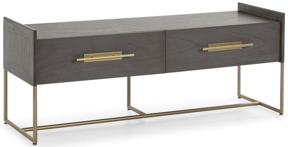 Meuble TV 2 tiroirs bois massif gris et pieds métal doré 140 cm - Photo n°1