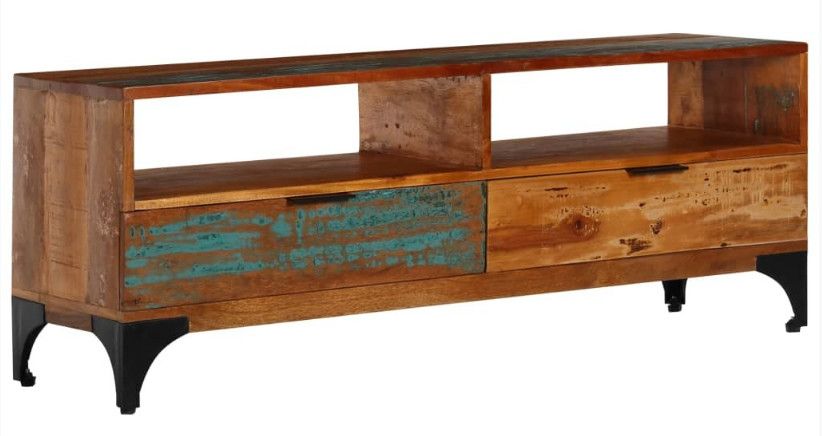 Meuble TV 2 tiroirs bois massif recyclé et métal noir Boust - Photo n°1