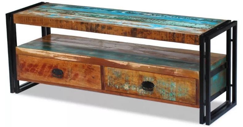 Meuble TV 2 tiroirs bois massif recyclé multicolore et métal noir Moust 120 cm - Photo n°1