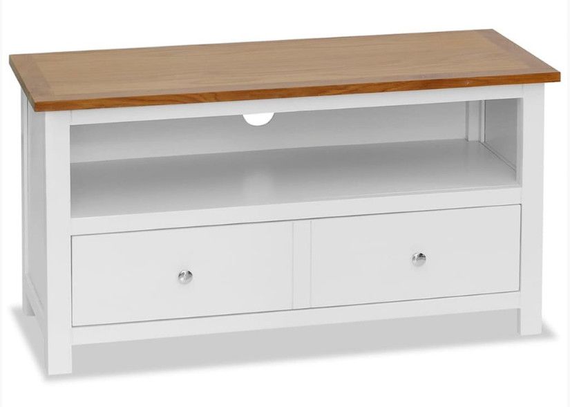 Meuble TV 2 tiroirs chêne massif clair et pin blanc Iris - Photo n°1