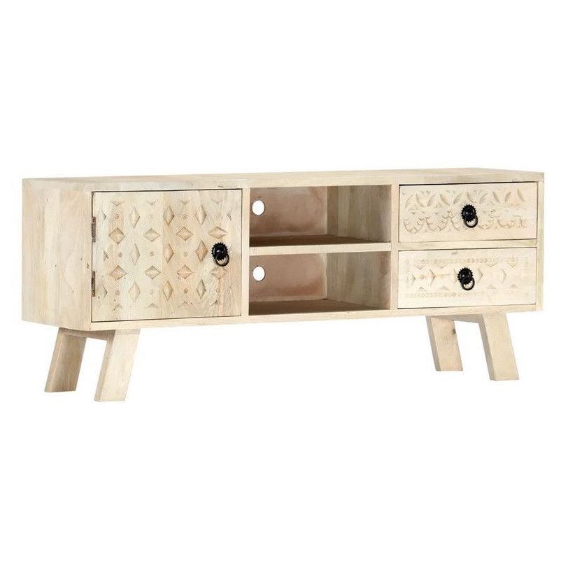 Meuble TV 2 tiroirs manguier massif blanc Endes 110 cm - Photo n°1