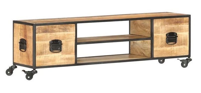 Meuble TV 2 tiroirs manguier massif clair et métal Zekia 130 cm - Photo n°1