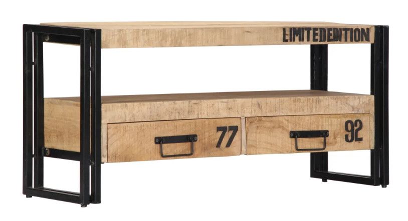 Meuble TV 2 tiroirs manguier massif clair et métal noir Grey - Photo n°1