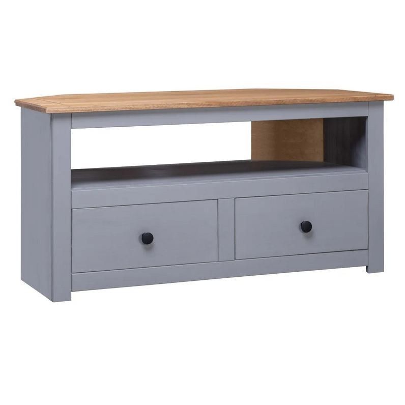 Meuble TV 2 tiroirs pin massif foncé et gris Urda 93 cm - Photo n°1