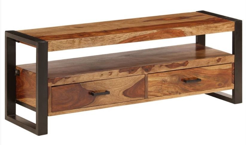 Meuble TV 2 tiroirs sesham massif foncé et pieds métal noir Vustick - Photo n°1