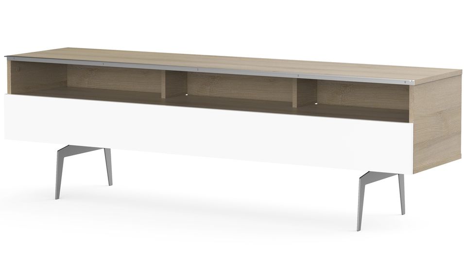 Meuble TV 3 niches 1 porte bois clair et blanc pieds métal Fremantle 160 cm - Photo n°1