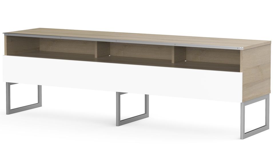 Meuble TV 3 niches 1 porte bois clair et blanc pieds métal Messina 160 cm - Photo n°1