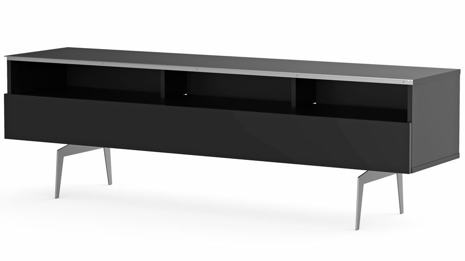 Meuble TV 3 niches 1 porte mélaminé noir et pieds métal Perth 160 cm - Photo n°1