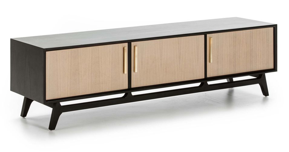 Meuble TV 3 portes bois massif clair et noir 160 cm - Photo n°1