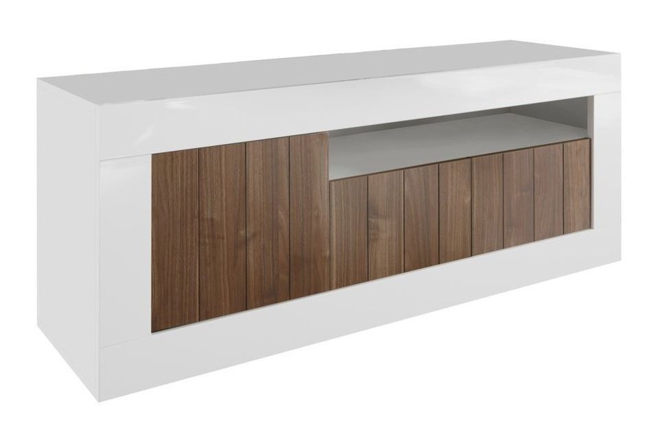 Meuble TV 3 portes laqué blanc brillant et noyer Pilari L 138 cm - Photo n°1
