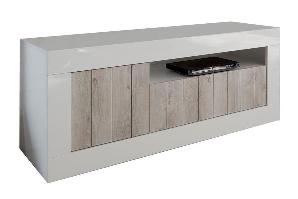 Meuble TV 3 portes laqué blanc brillant et pin gris Pilari L 138 cm - Photo n°1