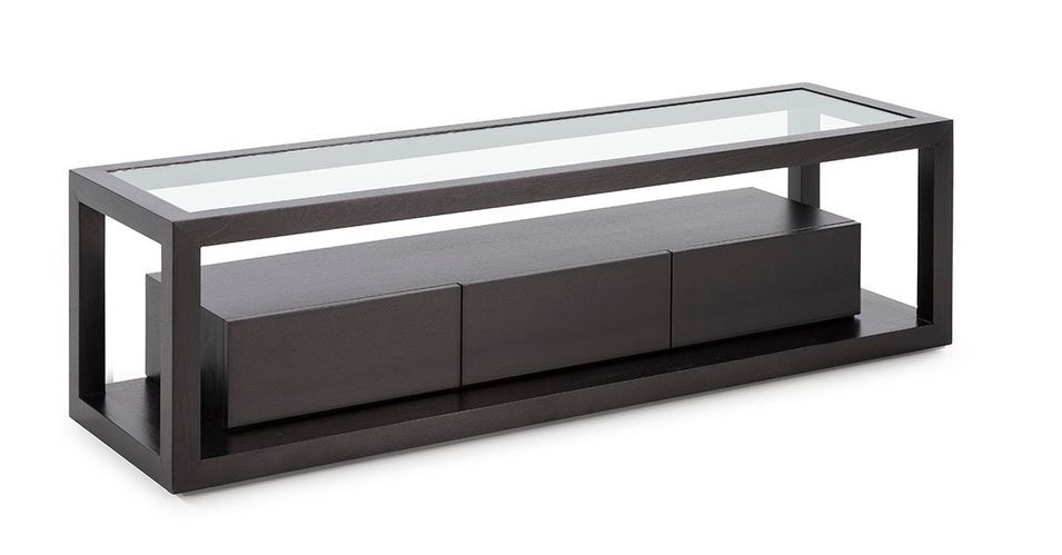 Meuble TV 3 tiroirs 1 niche bois noir et verre trempé 160 cm - Photo n°1
