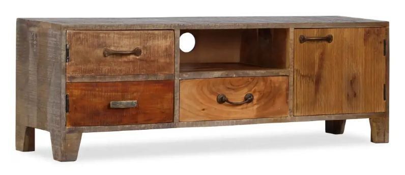 Meuble TV 3 tiroirs 1 niche et 1 porte bois massif foncé Stroom - Photo n°1