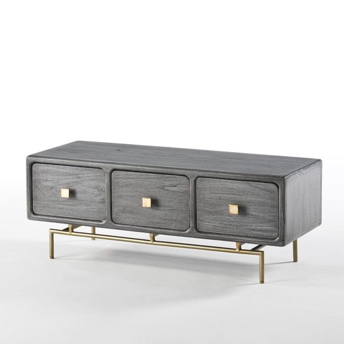 Meuble TV 3 tiroirs bois massif gris et pied doré Bar 120 cm - Photo n°1
