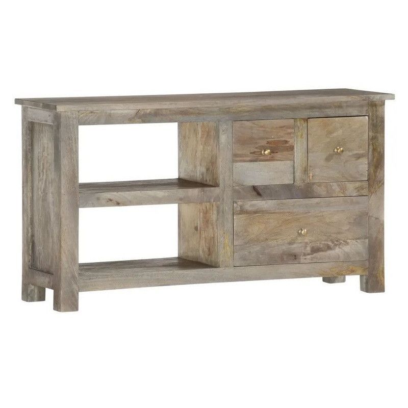 Meuble TV 3 tiroirs manguier fini chêne gris Teash 110 cm - Photo n°1