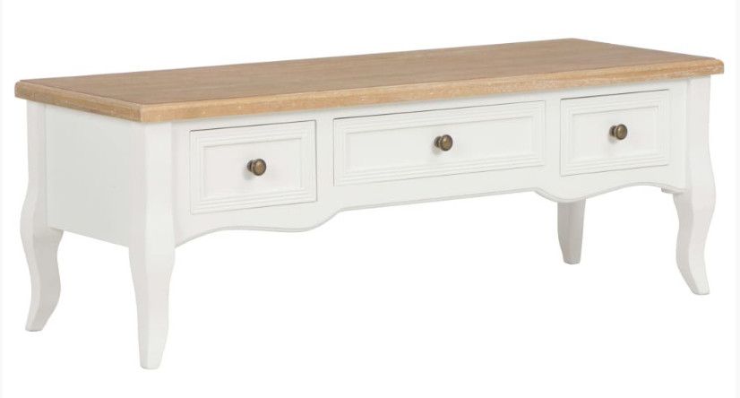 Meuble TV 3 tiroirs pinède blanc et beige Dean 100 cm - Photo n°1