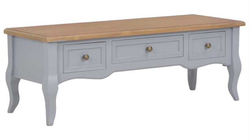 Meuble TV 3 tiroirs pinède gris et beige Dean 100 cm - Photo n°1