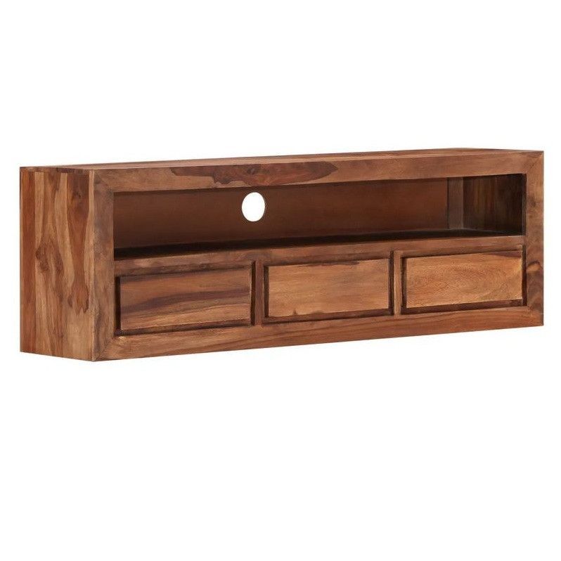 Meuble TV 3 tiroirs sesham massif foncé Vizzia 120 cm - Photo n°1