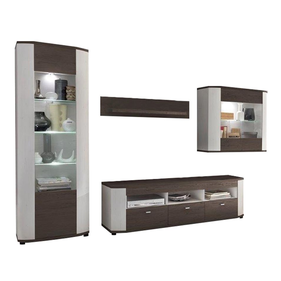 Meuble TV 4 pièces mélaminé blanc et bois foncé Samli - Photo n°1