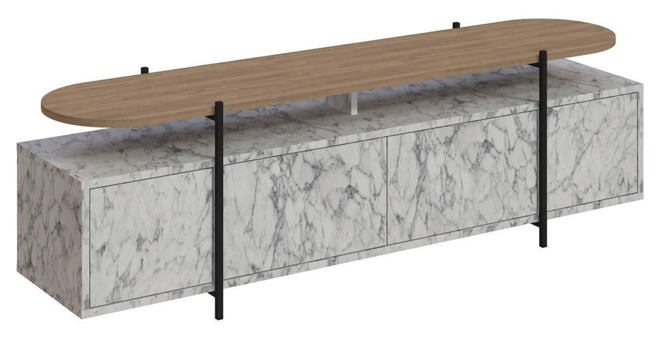 Meuble TV 4 portes bois clair et blanc effet marbre Kusta 160 cm - Photo n°1