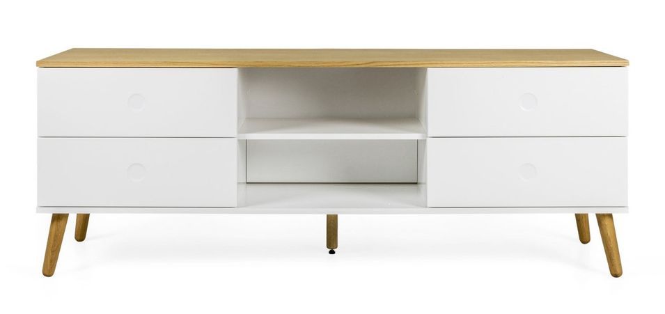 Meuble TV 4 tiroirs laqué blanc mat et pieds chêne massif clair Pecas 162 cm - Photo n°1