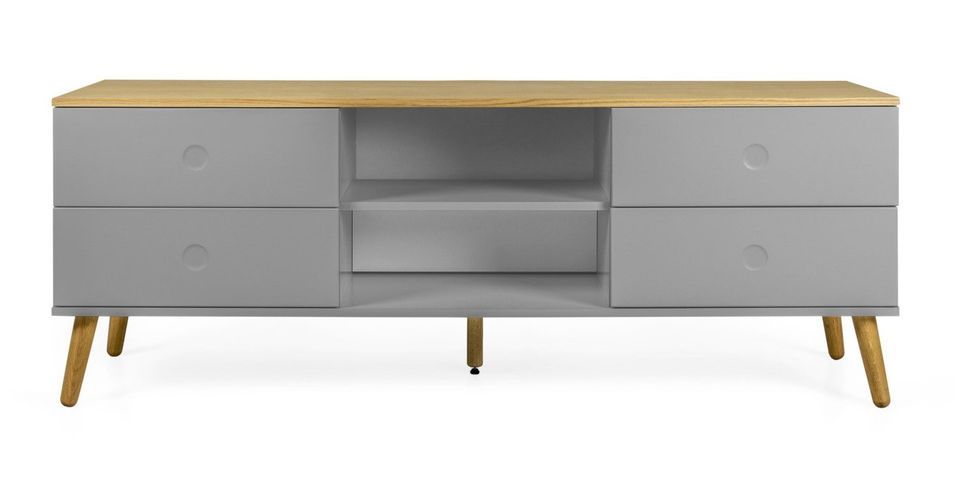 Meuble TV 4 tiroirs laqué gris et pieds chêne massif clair Pecas 162 cm - Photo n°1