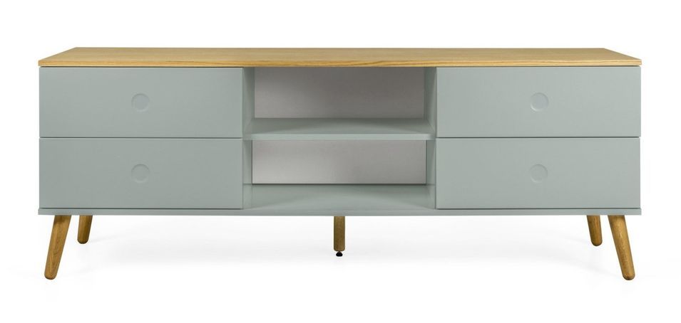 Meuble TV 4 tiroirs laqué vert et pieds chêne massif clair Pecas 162 cm - Photo n°1