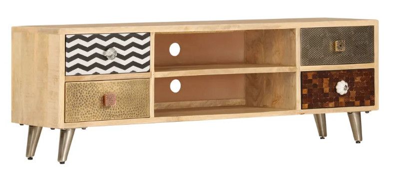 Meuble TV 4 tiroirs manguier massif et métal doré Pictou - Photo n°1