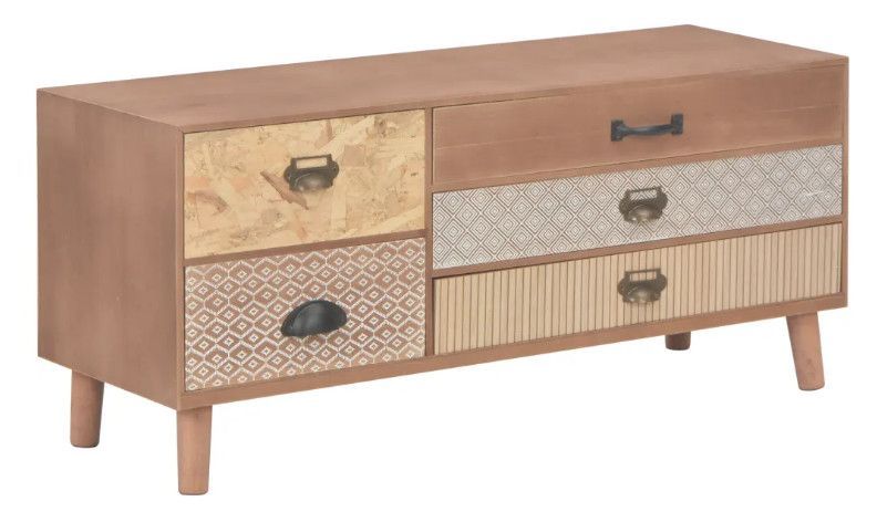 Meuble TV 5 tiroirs pin massif foncé Séo - Photo n°1