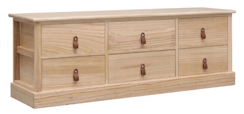 Meuble TV 6 tiroirs paulownia clair et poignées cuir Vero - Photo n°1