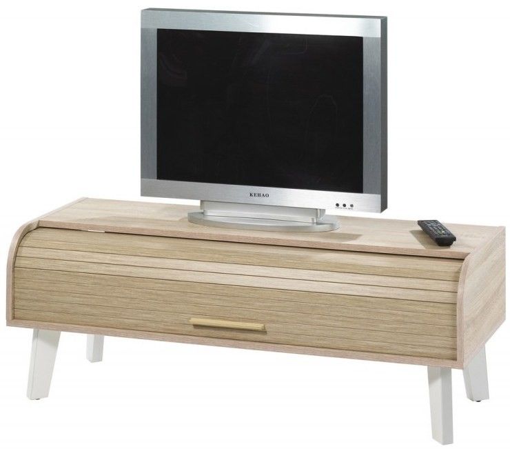 Meuble TV à rideau bois chêne clair et pieds blanc Hippie - Photo n°1