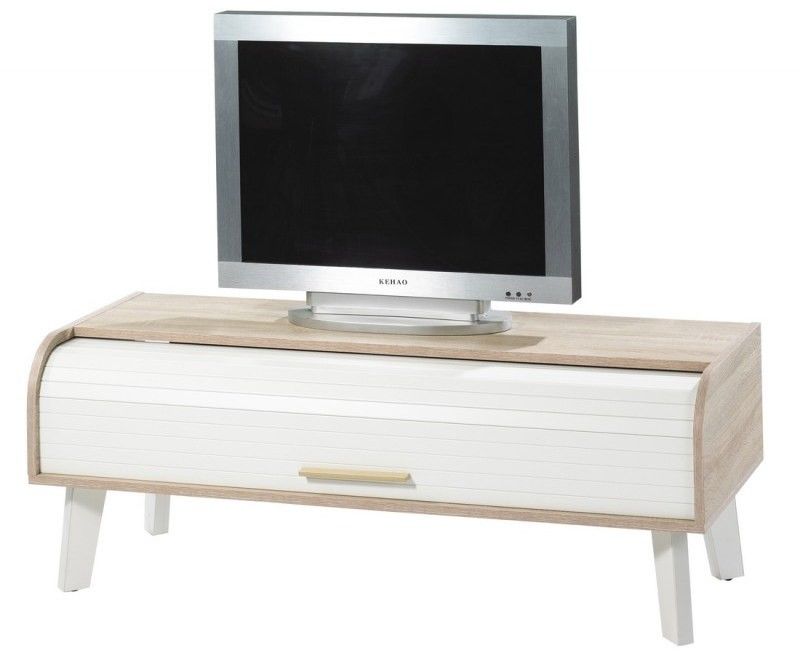 Meuble TV à rideau bois clair et blanc Hippie - Photo n°1