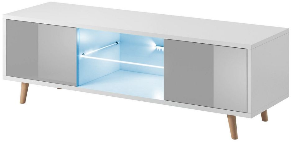 Meuble TV avec led 2 portes blanc mat et gris laqué Kuzani 140 cm - Photo n°1