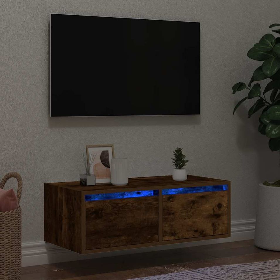 Meuble TV avec lumières LED chêne fumé 75x35,5x25 cm - Photo n°1
