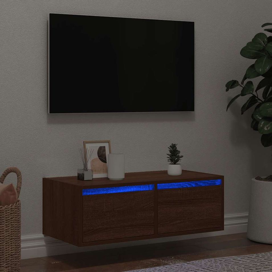 Meuble TV avec lumières LED chêne marron 75x35,5x25 cm - Photo n°1