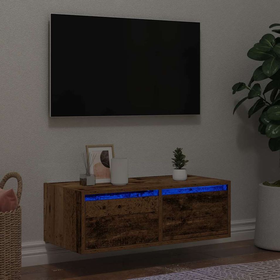 Meuble TV avec lumières LED vieux bois 75x35,5x25 cm - Photo n°1